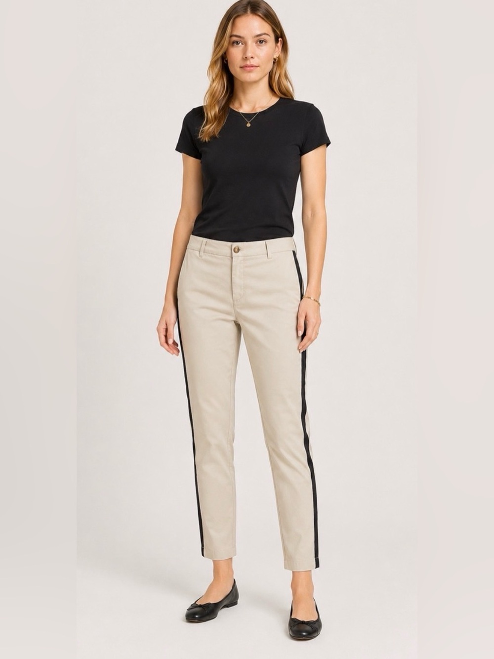 J. Crew Beige High-Rise Girlfriend Chino Khaki Pants with Black Side Stripe